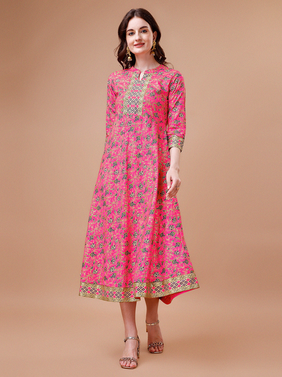 Printed Full Neck Pink Rayon Ethnic Dress, Multicolor - Hiral Fashion - Distacart