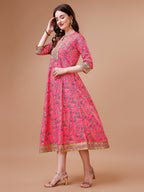Printed Full Neck Pink Rayon Ethnic Dress, Multicolor - Hiral Fashion - Distacart