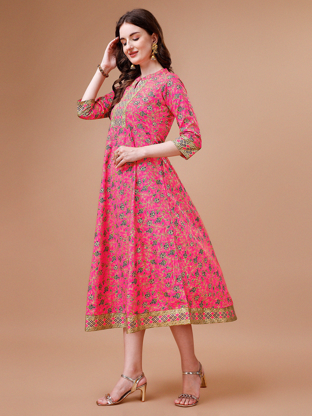 Printed Full Neck Pink Rayon Ethnic Dress, Multicolor - Hiral Fashion - Distacart