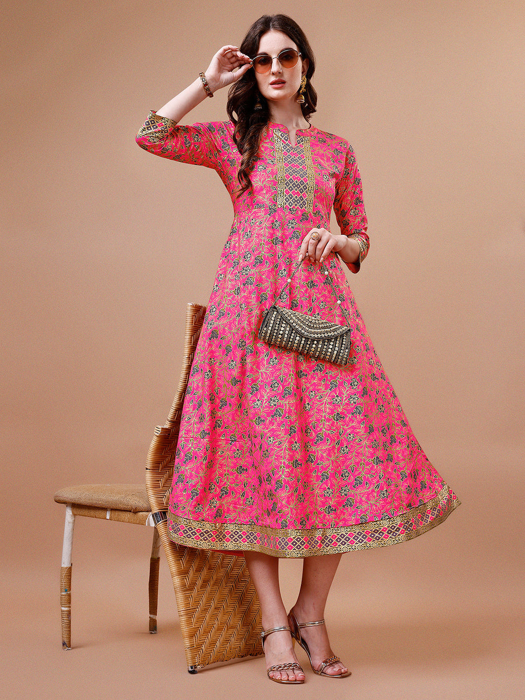 Printed Full Neck Pink Rayon Ethnic Dress, Multicolor - Hiral Fashion - Distacart