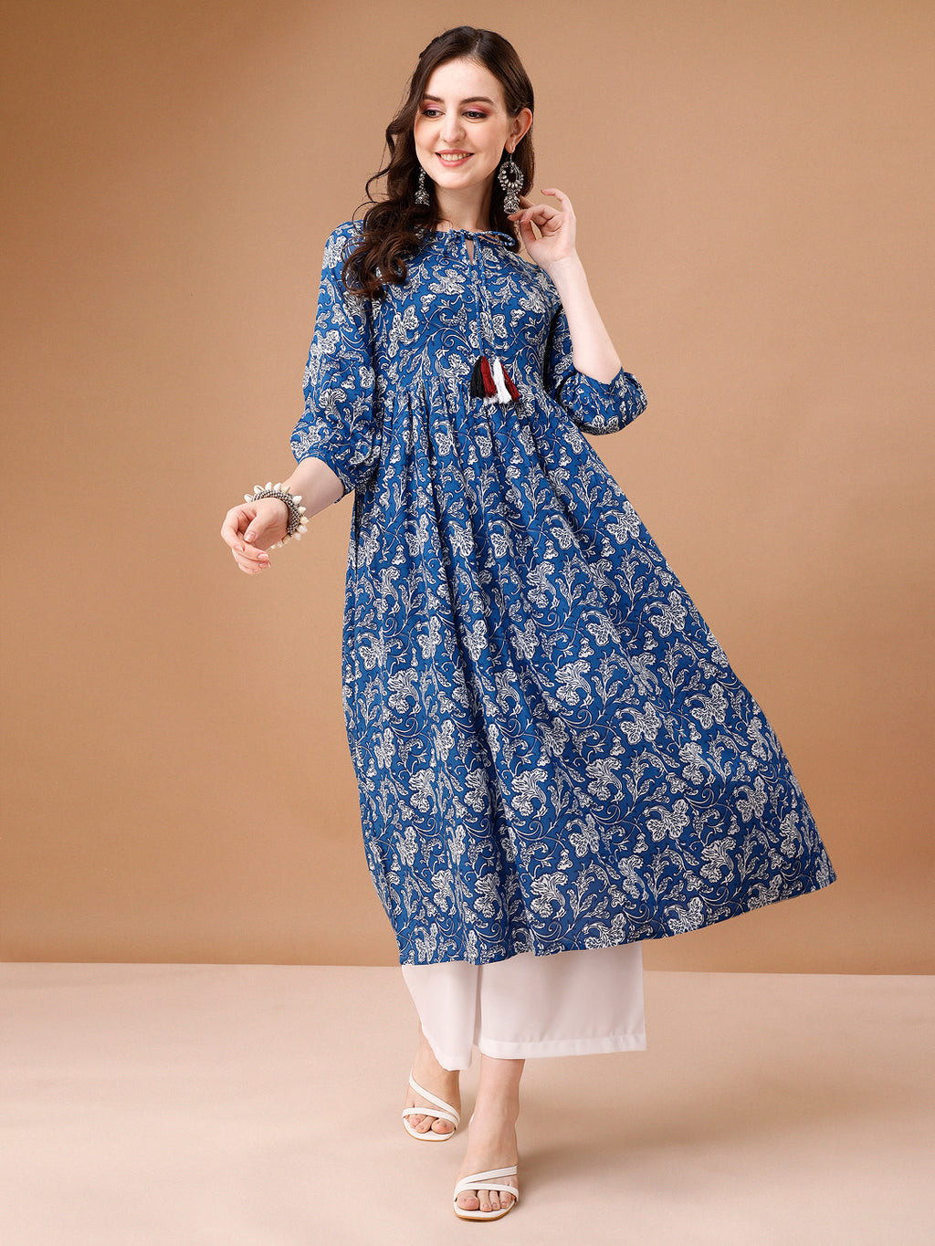 Floral Printed Flared Tie Up Neck Kurta, Multicolor - Hiral Fashion - Distacart