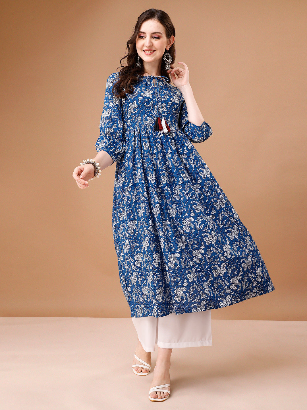 Floral Printed Flared Tie Up Neck Kurta, Multicolor - Hiral Fashion - Distacart