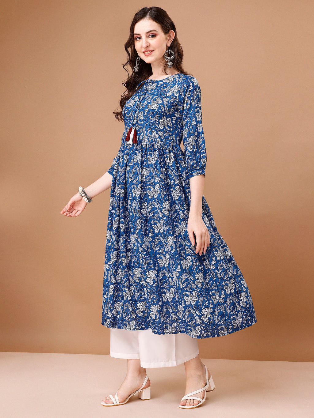 Floral Printed Flared Tie Up Neck Kurta, Multicolor - Hiral Fashion - Distacart