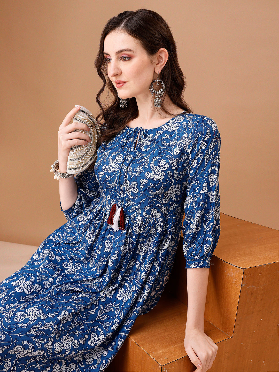 Floral Printed Flared Tie Up Neck Kurta, Multicolor - Hiral Fashion - Distacart