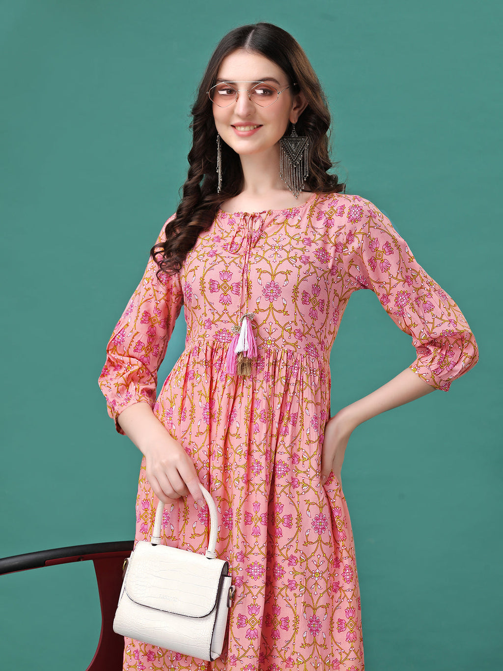 Floral Printed Flared Tie Up Neck Kurta, Multicolor - Hiral Fashion - Distacart