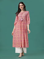 Floral Printed Flared Tie Up Neck Kurta, Multicolor - Hiral Fashion - Distacart