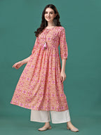 Floral Printed Flared Tie Up Neck Kurta, Multicolor - Hiral Fashion - Distacart