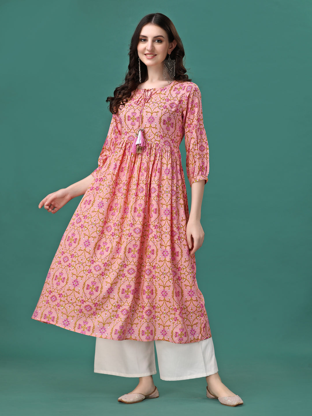 Floral Printed Flared Tie Up Neck Kurta, Multicolor - Hiral Fashion - Distacart