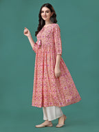 Floral Printed Flared Tie Up Neck Kurta, Multicolor - Hiral Fashion - Distacart