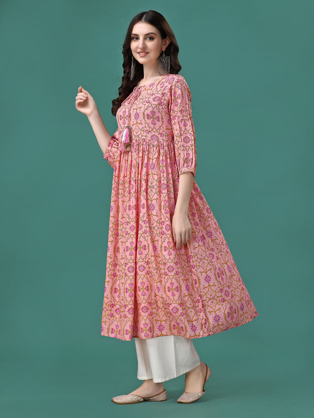 Floral Printed Flared Tie Up Neck Kurta, Multicolor - Hiral Fashion - Distacart