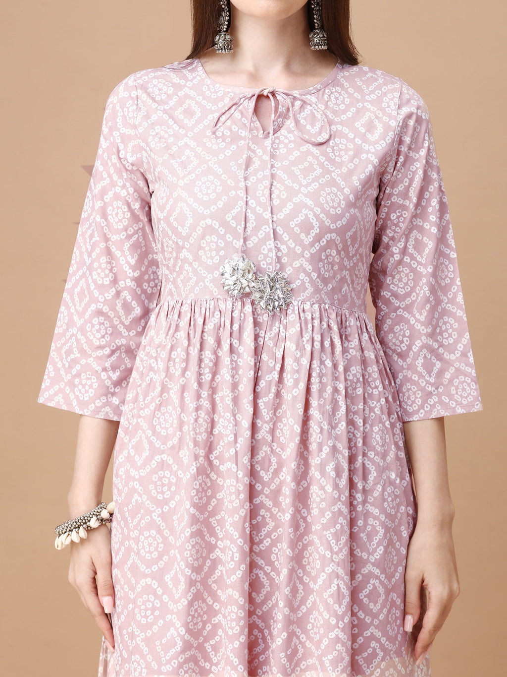Bandhani Printed Flared Tie Up Neck Kurta, Multicolor - Hiral Fashion - Distacart