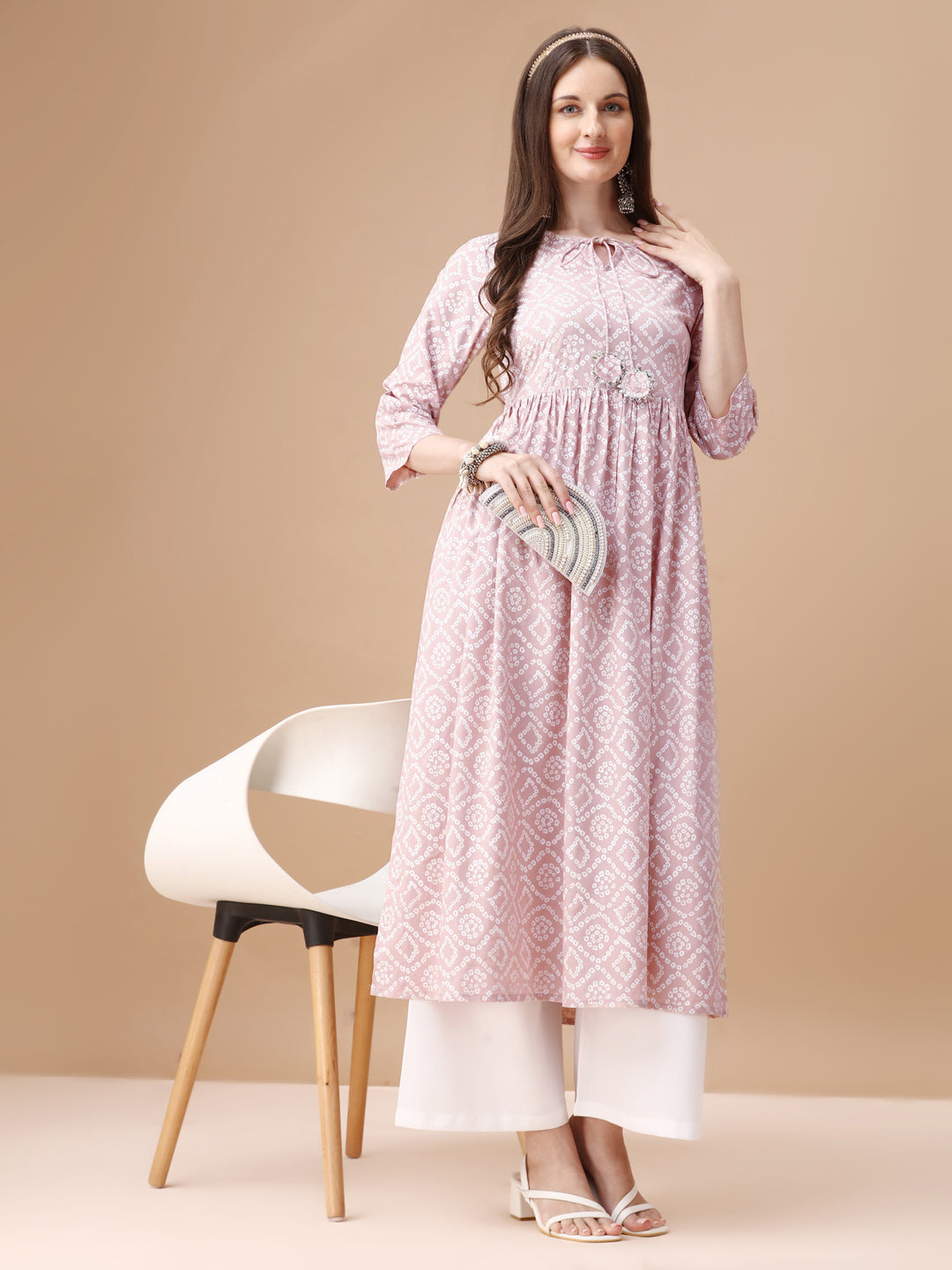 Bandhani Printed Flared Tie Up Neck Kurta, Multicolor - Hiral Fashion - Distacart