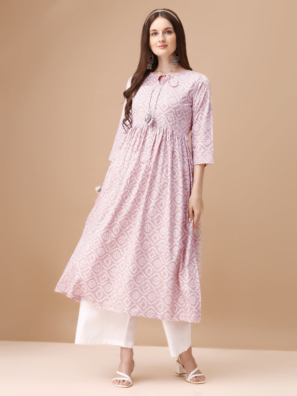 Bandhani Printed Flared Tie Up Neck Kurta, Multicolor - Hiral Fashion - Distacart