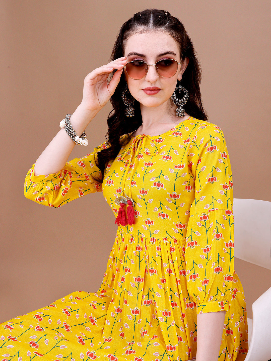 Floral Printed Flared Tie Up Neck Kurta, Multicolor - Hiral Fashion - Distacart