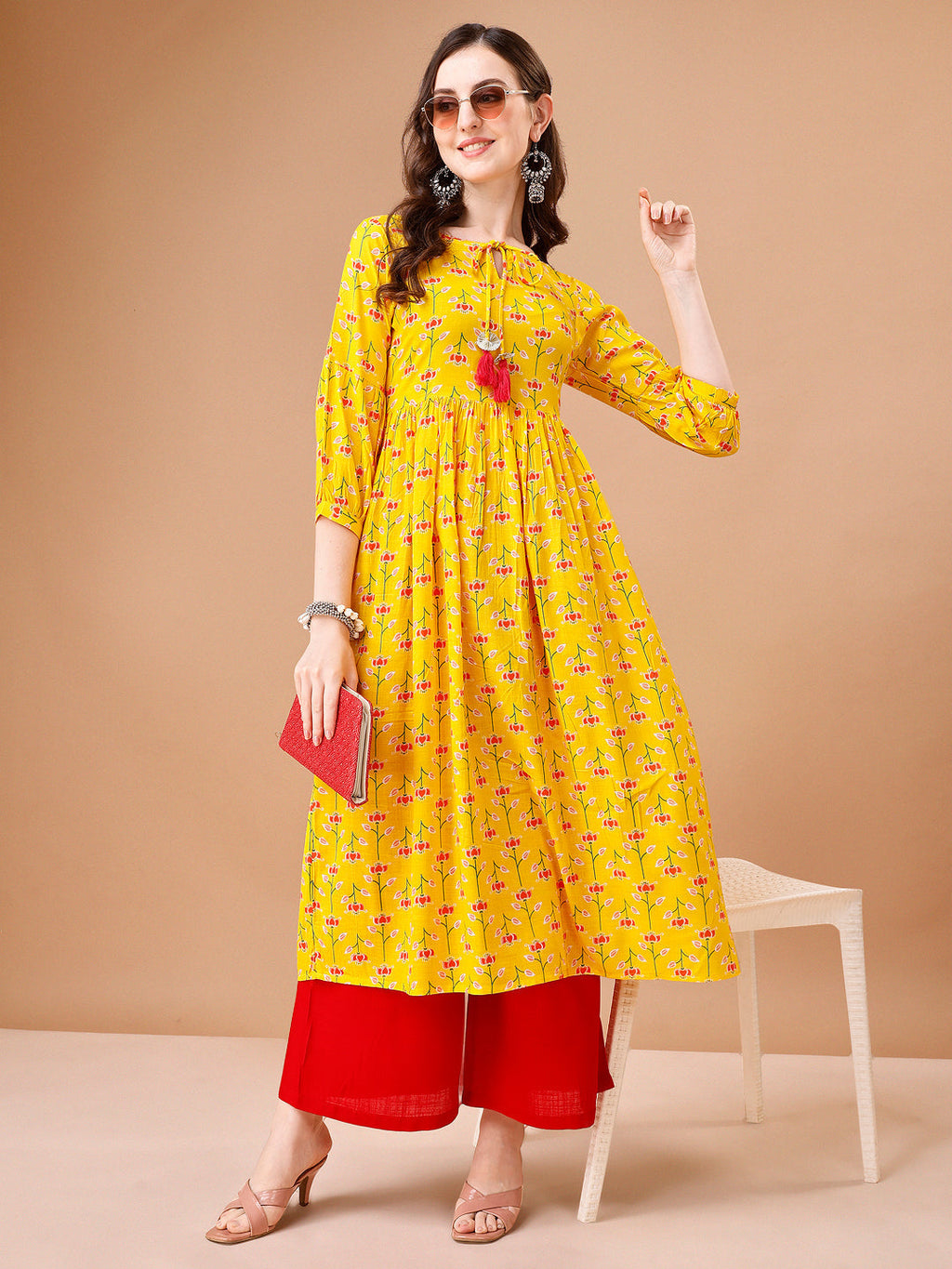 Floral Printed Flared Tie Up Neck Kurta, Multicolor - Hiral Fashion - Distacart