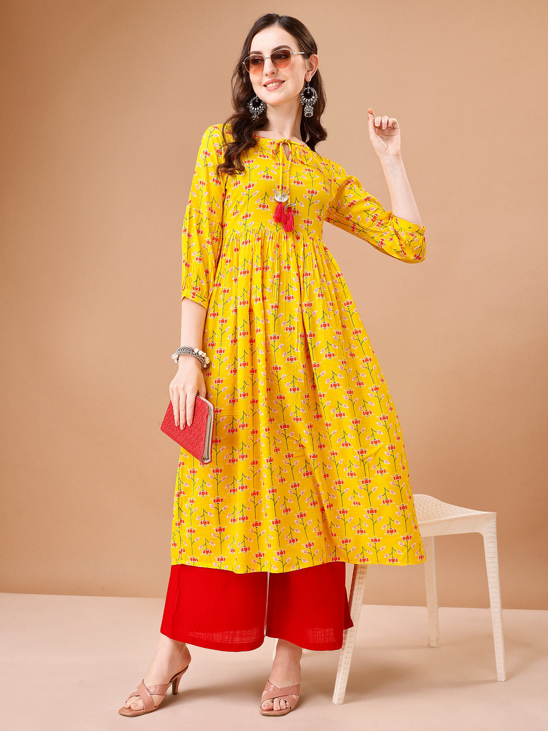 Floral Printed Flared Tie Up Neck Kurta, Multicolor - Hiral Fashion - Distacart