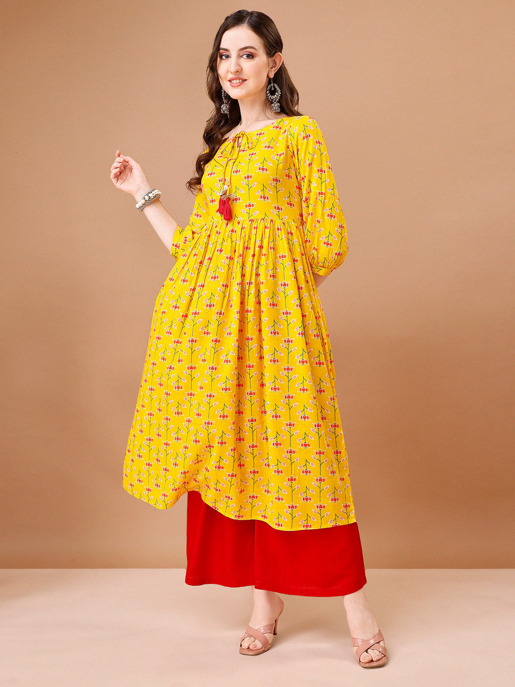 Floral Printed Flared Tie Up Neck Kurta, Multicolor - Hiral Fashion - Distacart