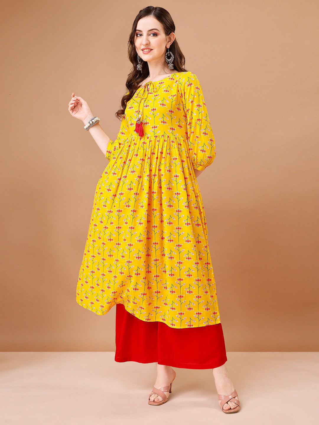 Floral Printed Flared Tie Up Neck Kurta, Multicolor - Hiral Fashion - Distacart