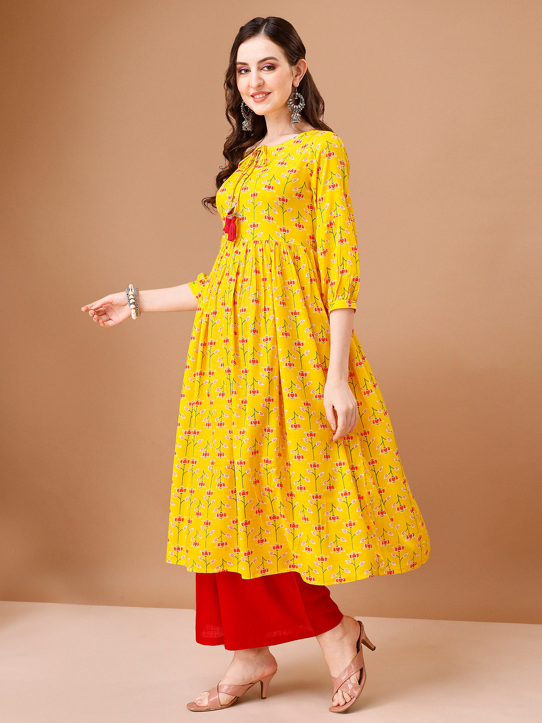 Floral Printed Flared Tie Up Neck Kurta, Multicolor - Hiral Fashion - Distacart