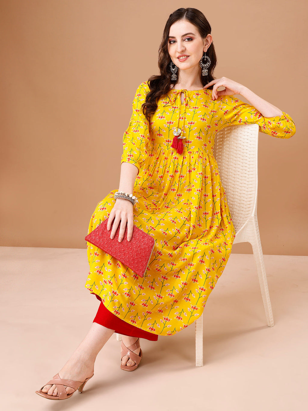 Floral Printed Flared Tie Up Neck Kurta, Multicolor - Hiral Fashion - Distacart