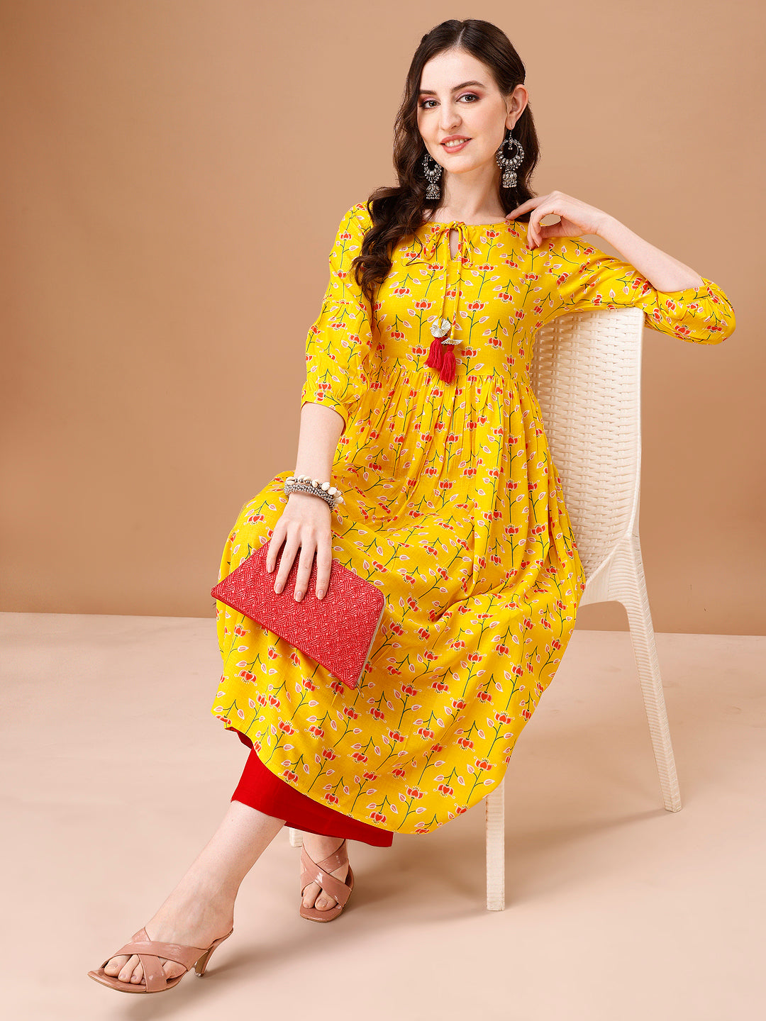 Floral Printed Flared Tie Up Neck Kurta, Multicolor - Hiral Fashion - Distacart