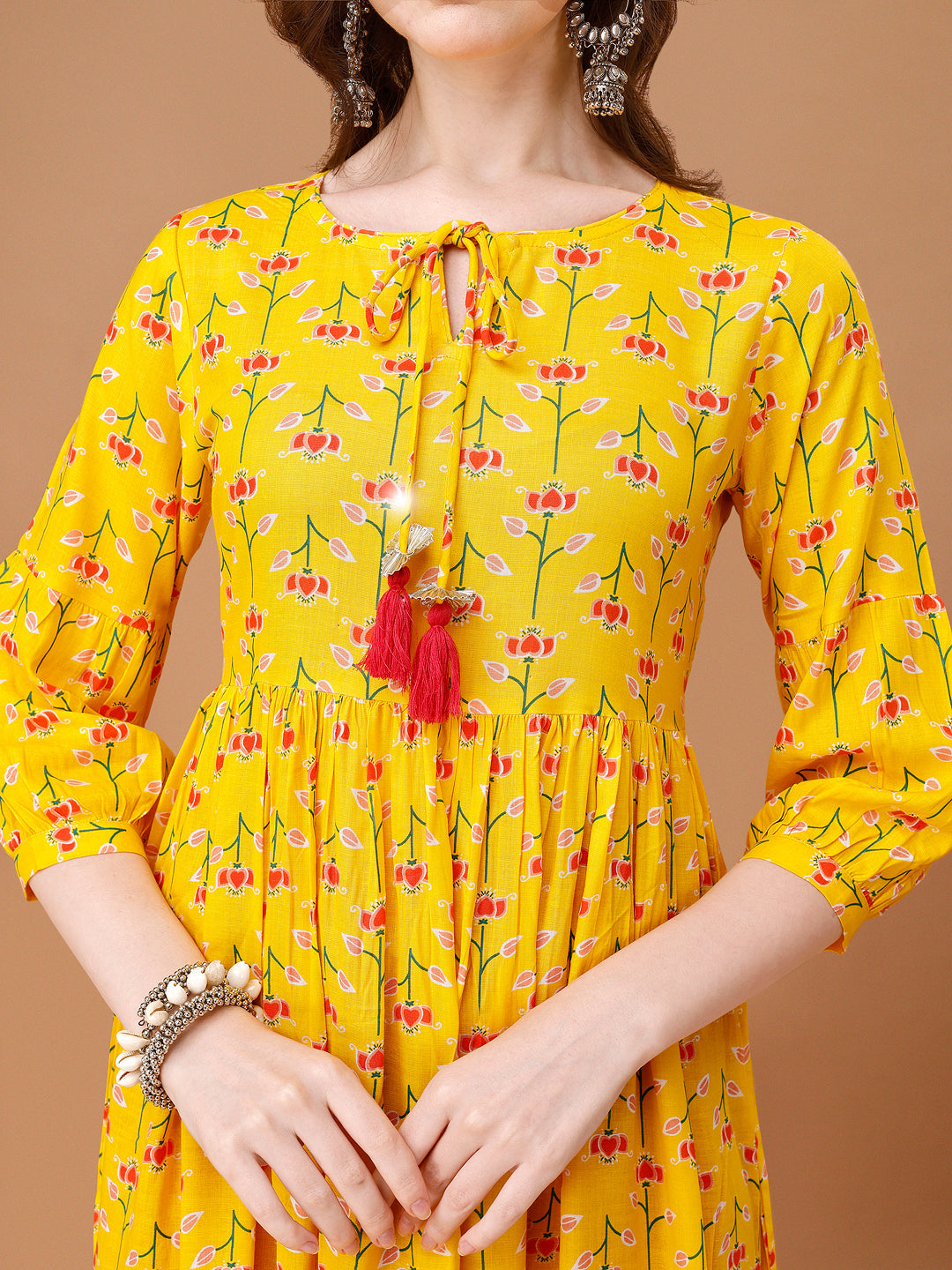 Floral Printed Flared Tie Up Neck Kurta, Multicolor - Hiral Fashion - Distacart