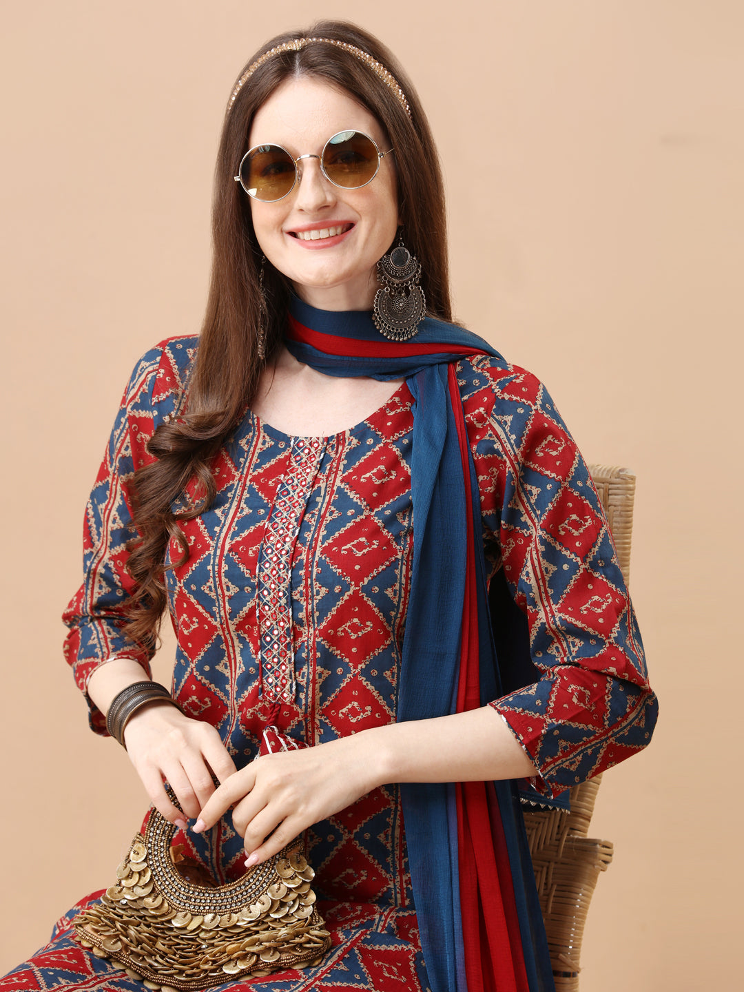 Printed & Little Mirror Embellished Kurta With Pant & Dupatta, Multicolor - Hiral Fashion - Distacart