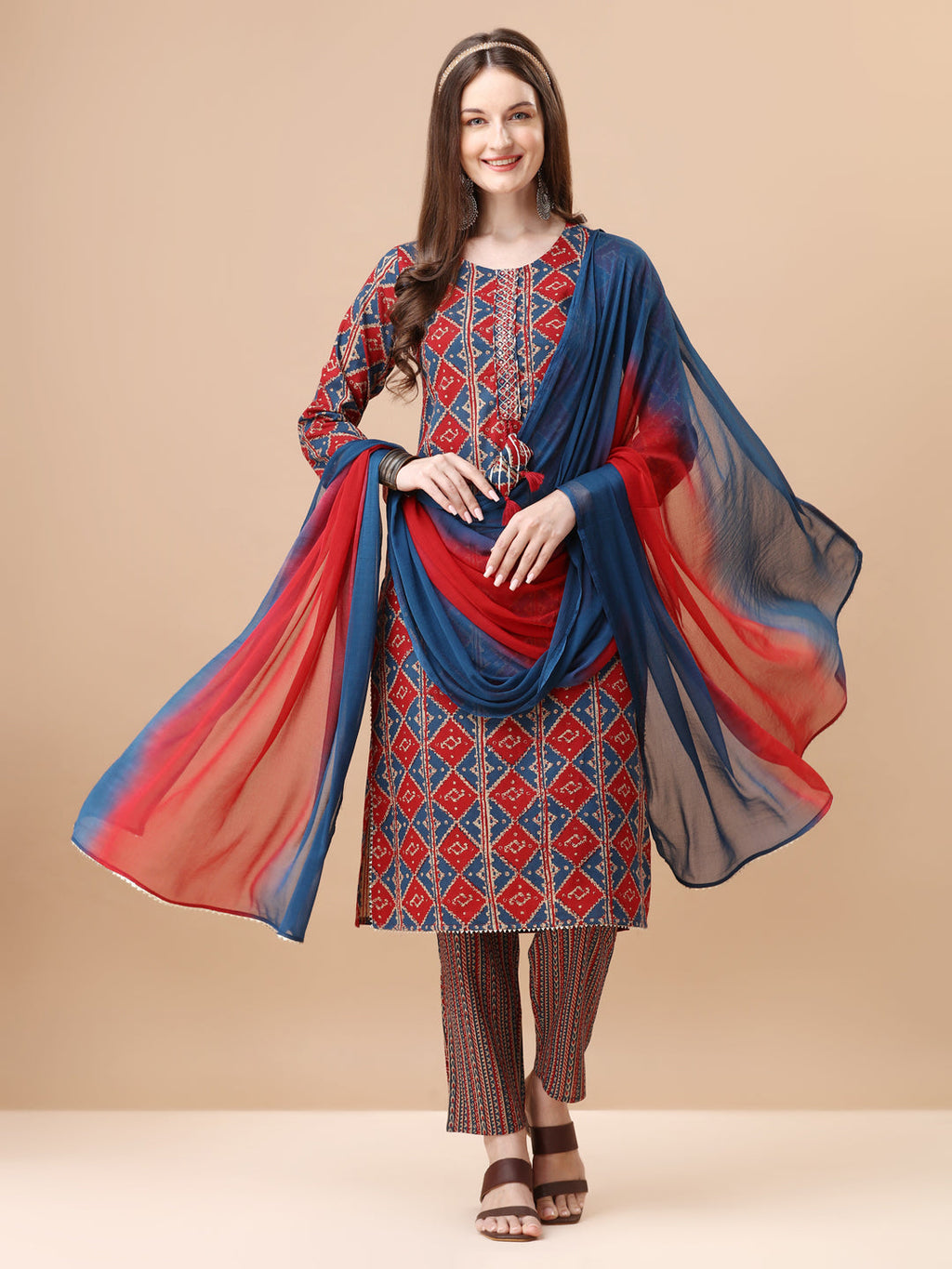 Printed & Little Mirror Embellished Kurta With Pant & Dupatta, Multicolor - Hiral Fashion - Distacart