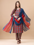 Printed & Little Mirror Embellished Kurta With Pant & Dupatta, Multicolor - Hiral Fashion - Distacart