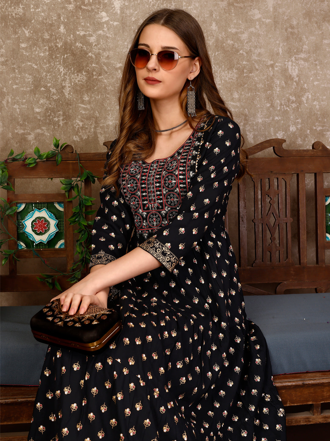 Embroidered & Printed Flared Rayon Kurta Premium Luxury, Multicolor - Hiral Fashion