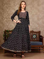 Embroidered & Printed Flared Rayon Kurta Premium Luxury, Multicolor - Hiral Fashion