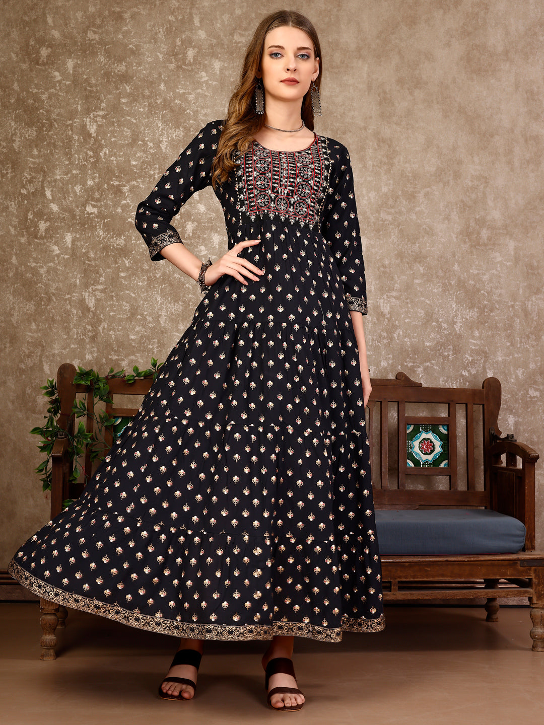 Embroidered & Printed Flared Rayon Kurta Premium Luxury, Multicolor - Hiral Fashion