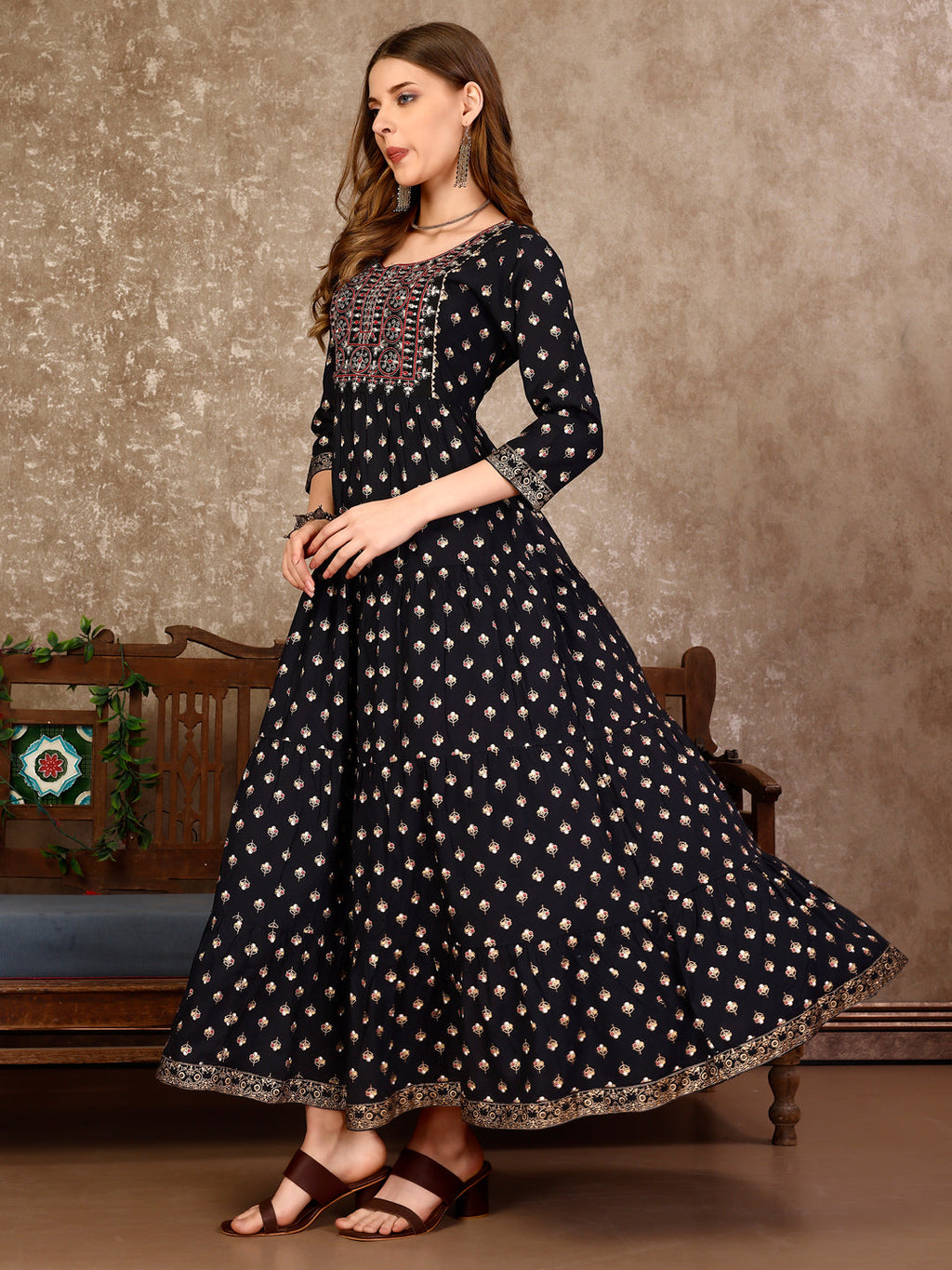 Embroidered & Printed Flared Rayon Kurta Premium Luxury, Multicolor - Hiral Fashion