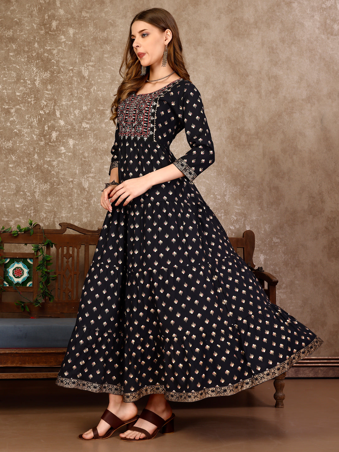Embroidered & Printed Flared Rayon Kurta Premium Luxury, Multicolor - Hiral Fashion