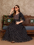 Embroidered & Printed Flared Rayon Kurta Premium Luxury, Multicolor - Hiral Fashion