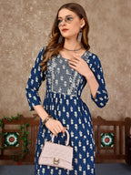 Embroidered & Printed Flared Rayon Kurta Premium Luxury, Multicolor - Hiral Fashion