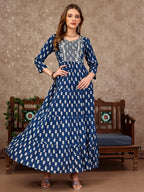 Embroidered & Printed Flared Rayon Kurta Premium Luxury, Multicolor - Hiral Fashion