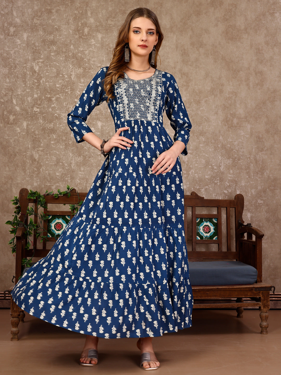 Embroidered & Printed Flared Rayon Kurta Premium Luxury, Multicolor - Hiral Fashion