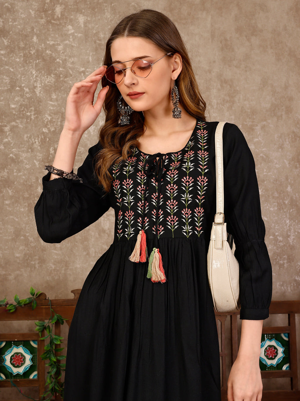 Embroidered Flared Rayon Kurta, Multicolor - Hiral Fashion
