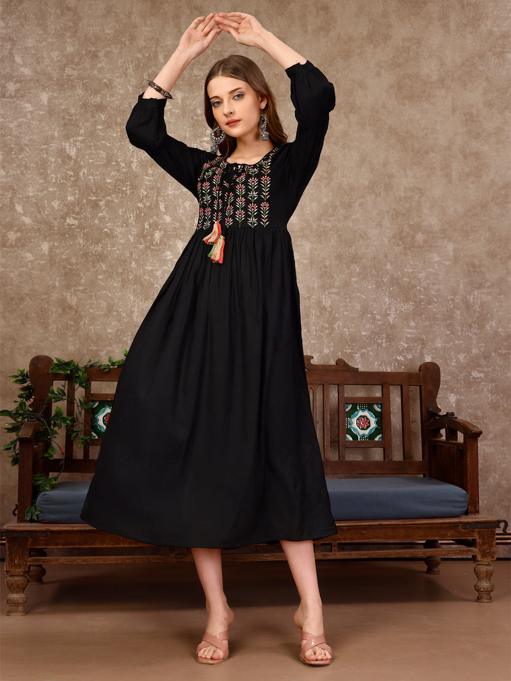 Embroidered Flared Rayon Kurta, Multicolor - Hiral Fashion