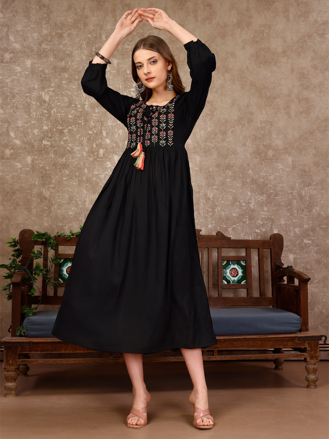 Embroidered Flared Rayon Kurta, Multicolor - Hiral Fashion