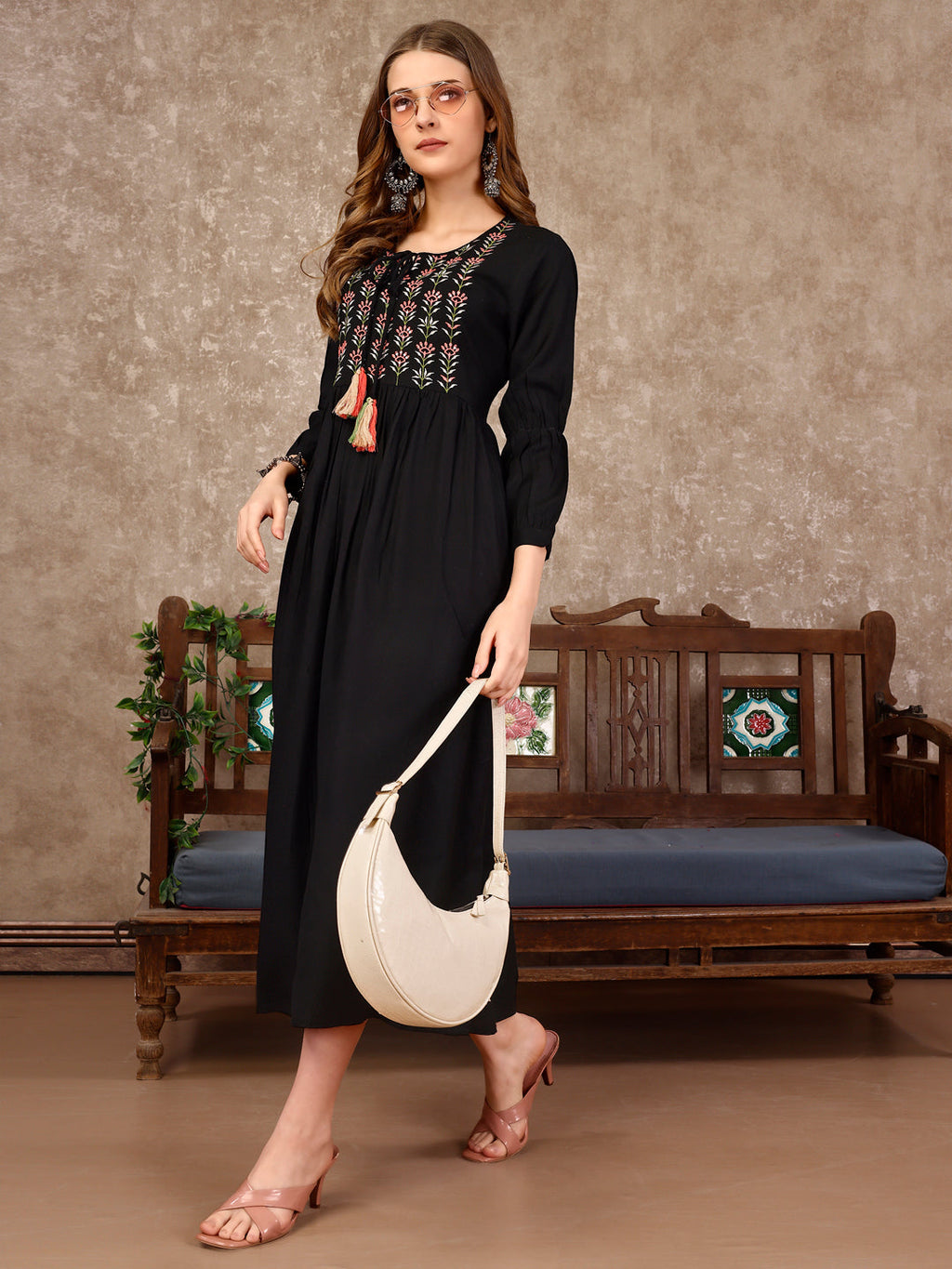 Embroidered Flared Rayon Kurta, Multicolor - Hiral Fashion