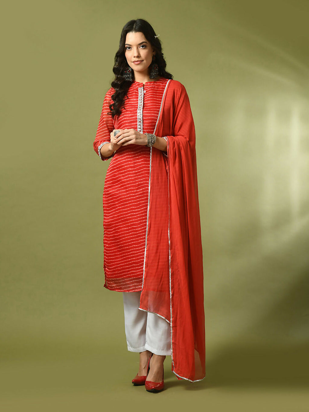 Myshka Women's Red Printed Kota Straight Party Kurta Set With Dupatta