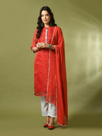 Myshka Women's Red Printed Kota Straight Party Kurta Set With Dupatta