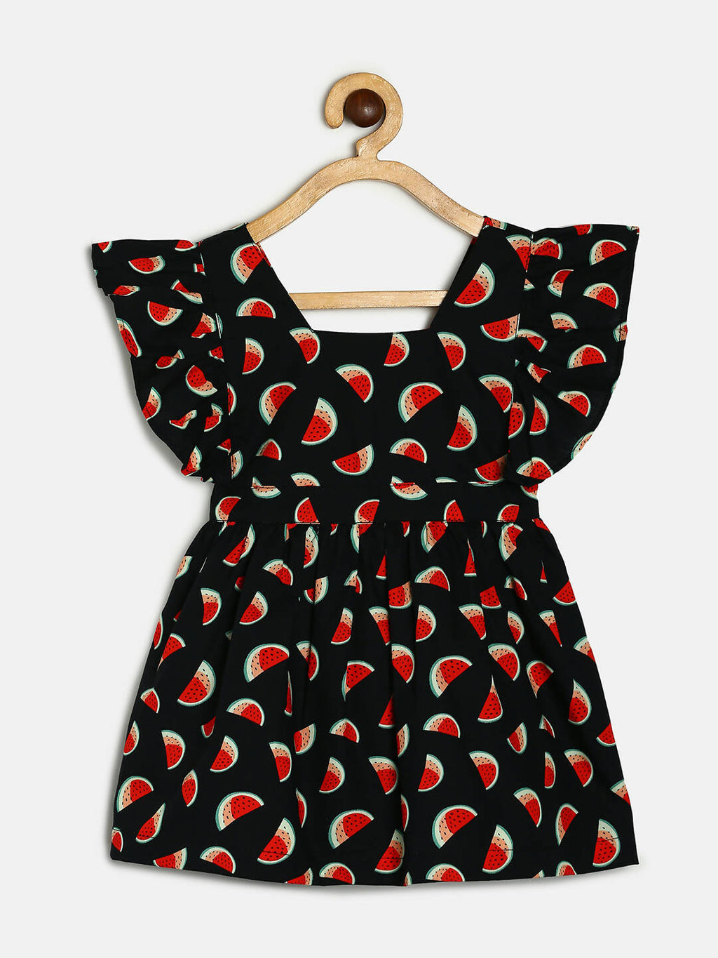 Manet Girls Cotton V Neck Frill Frock Watermelon Printed - Black