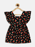 Manet Girls Cotton V Neck Frill Frock Watermelon Printed - Black