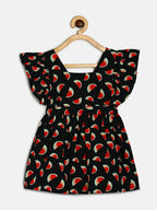 Manet Girls Cotton V Neck Frill Frock Watermelon Printed - Black