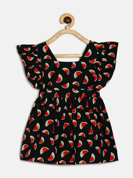 Manet Girls Cotton V Neck Frill Frock Watermelon Printed - Black