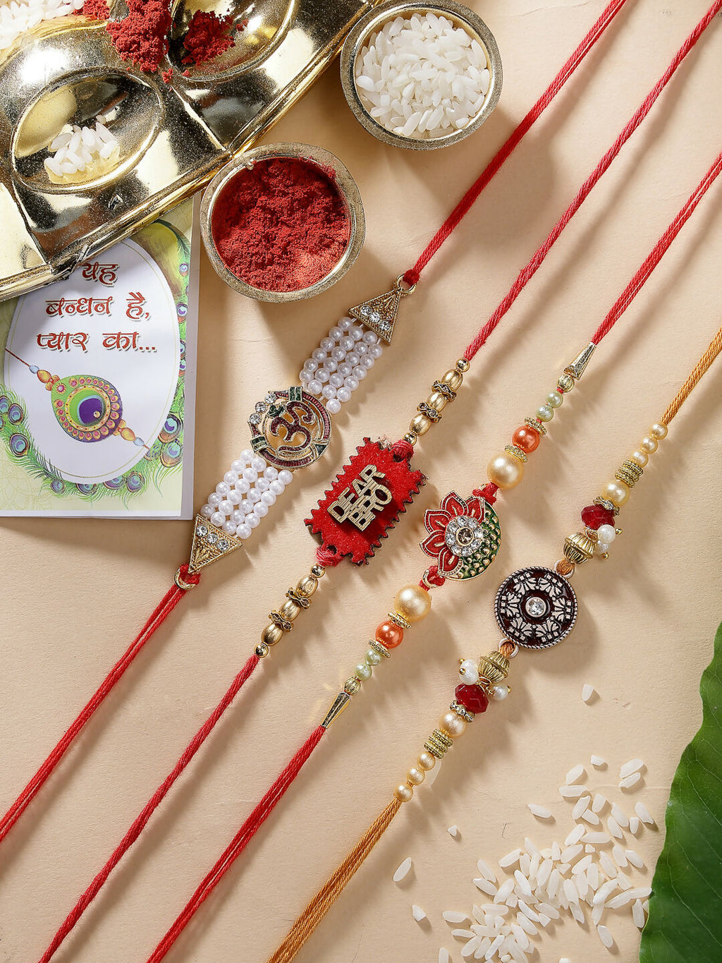 NVR Men Set of 4 Gold-Toned Stone-Studded & Beaded Rakhi With Roli Chawal - Distacart