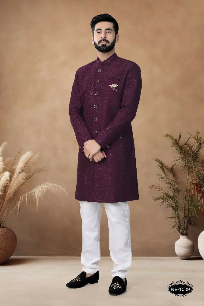Joban Fashion Men's Wine Straight Silk Thread & Sequence Embroidery All Over Indo-Western Kurta Set